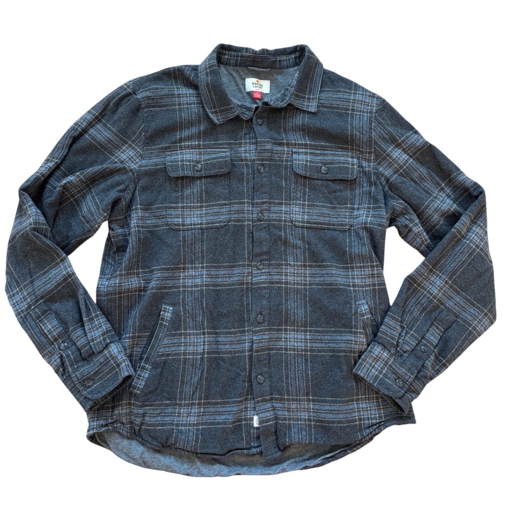 Marine Layer Mens Large Plaid Flannel Shirt Jacket Charcoal Gray Lined Shacket